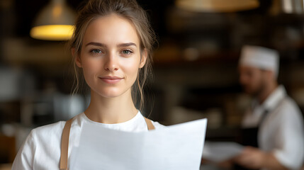 Confident server with friendly smile, ready to serve. Woman holding a menu, chef in background. Restaurant ambiance with warm lighting. Professionalism at its best.