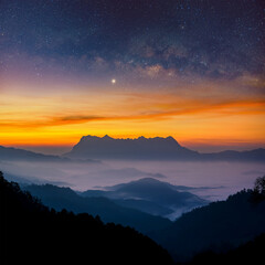 The Milky Way rises over Doi Luang Chiang Dao in northern Thailand, with layers of mist-covered mountains glowing under twilight before dawn.
