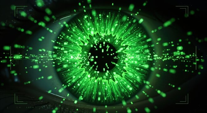 Futuristic digital eye scan with a glowing green iris. Cybersecurity and biometric surveillance technology concept. High-tech data analysis and recognition
