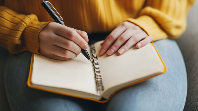 A person in a yellow sweater is writing in a notebook with a pen. The notebook is spiral-bound and has blank pages, creating a cozy and reflective scene. Penning thoughts, ideas, dreams.