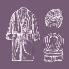 Bathrobe and towel on head - sketch illustration. Outline drawing in engraving style. Hand-drawn vector line art clipart, isolated