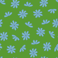 Blue chicory flowers on a green background, seamless pattern