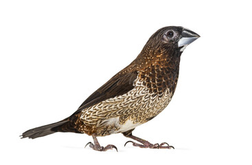 Society finch, Lonchura striata domestica bird standing looking profile