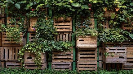 Obraz premium Rustic Vertical Garden With Lush Green Plants in Wooden Crates, Sustainable Urban Farming Display