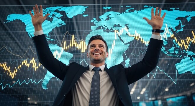 Happy businessman celebrating success in front of a global stock market chart. Successful trader showing profit and growth on a futuristic world map display. Financial victory concept