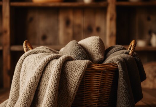 Cozy woven blankets in rustic wicker basket against wooden background