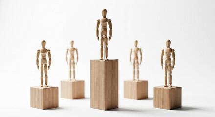 A wooden mannequin stands on a tall pedestal above others, symbolizing leadership, business hierarchy, and competitive success