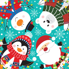 Christmas card with santa, snowman, penguin and polar bear