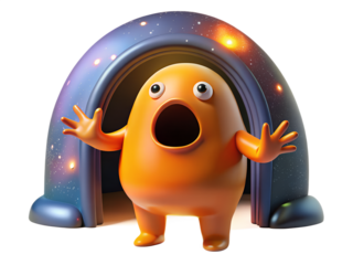 Orange cartoon character with surprised expression isolated on transparent background stands in front of a space portal