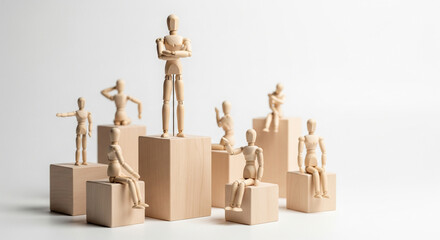 Wooden Mannequins on Blocks A Conceptual Depiction of Leadership and Hierarchy