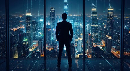Businessman looking at a futuristic cityscape from a high-rise office window. Digital network over a smart city. Business success and technology vision concept
