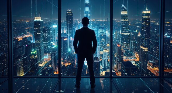 Businessman looking at a futuristic cityscape from a high-rise office window. Digital network over a smart city. Business success and technology vision concept