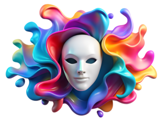 White mask surrounded by colorful paint splash isolated on transparent background, a vibrant and artistic design