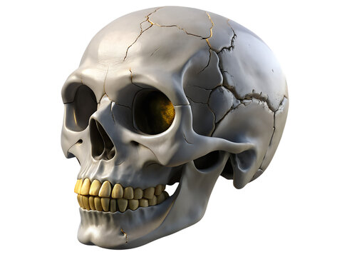 Detailed human skull with cracks and yellow teeth isolated on transparent background, a realistic anatomy study