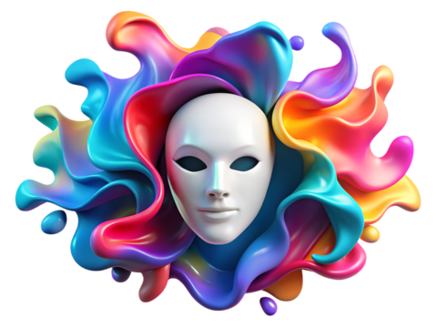 White mask surrounded by colorful paint splash isolated on transparent background, a vibrant and artistic design - Powered by Adobe