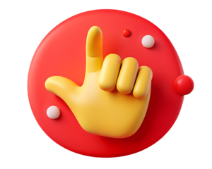 A 3d rendering of a hand pointing up on a red background, isolated on transparent background
