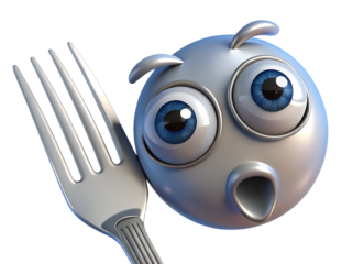 Funny cartoon character with big eyes looking surprised next to a fork isolated on transparent background