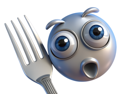 Funny cartoon character with big eyes looking surprised next to a fork isolated on transparent background