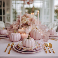 Modern pastel spooky party table setting pumpkins in blush tones gold cutlery soft ambient light luxury seasonal decor 