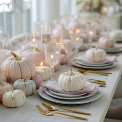 Modern pastel spooky party table setting pumpkins in blush tones gold cutlery soft ambient light luxury seasonal decor 