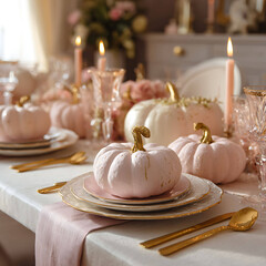 Modern pastel spooky party table setting pumpkins in blush tones gold cutlery soft ambient light luxury seasonal decor 