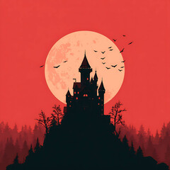 Creepy castle silhouette vector with full moon and flying bats clean flat illustration suitable for seasonal branding 