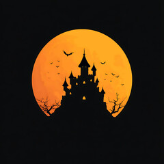 Creepy castle silhouette vector with full moon and flying bats clean flat illustration suitable for seasonal branding 