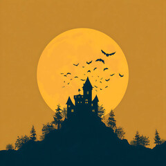 Creepy castle silhouette vector with full moon and flying bats clean flat illustration suitable for seasonal branding 