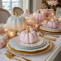 Modern pastel spooky party table setting pumpkins in blush tones gold cutlery soft ambient light luxury seasonal decor 