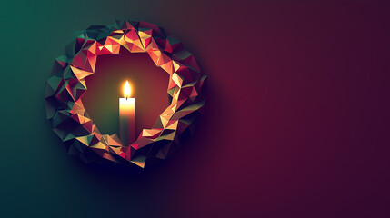 Abstract geometric art featuring a candle nestled within a colorful polygonal wreath
