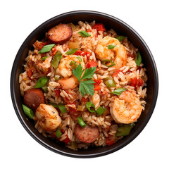 Jambalaya bowl, isolated on white background, realistic, studio lighting, centered, no shadow, transparent background