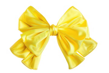 A bright yellow satin ribbon bow on transparent background
