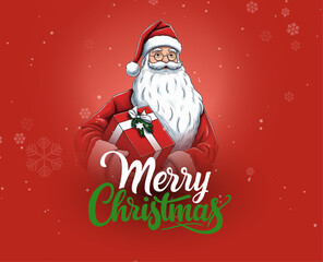 Santa Claus Holding Gift Box Merry Christmas Vector Illustration on Red Background