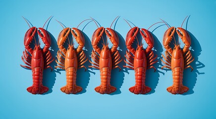 Row of five red lobsters aligned on bright blue background