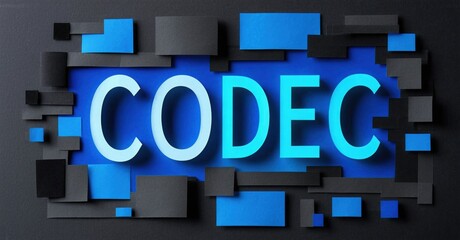 Bright blue CODEC text over layered gray, blue blocks. Modern design suggests digital compression technology or data encoding concept.