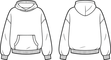 Hoodie front and back view, sweatshirt flat sketch, fashion design template, CAD technical drawing, vector apparel illustration