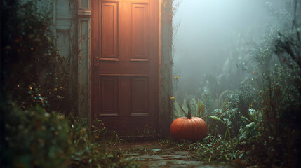 Vintage wooden door with carved pumpkin, foggy garden, soft warm light, mysterious Halloween ambiance