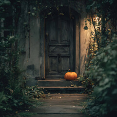 Vintage wooden door with carved pumpkin, foggy garden, soft warm light, mysterious Halloween ambiance