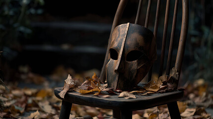 Scary mask on wooden chair, scattered autumn leaves, low-key moody lighting