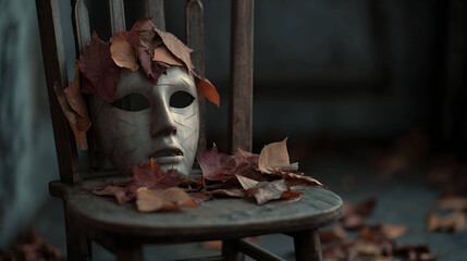 Scary mask on wooden chair, scattered autumn leaves, low-key moody lighting