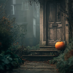 Vintage wooden door with carved pumpkin, foggy garden, soft warm light, mysterious Halloween ambiance
