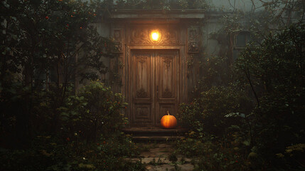 Vintage wooden door with carved pumpkin, foggy garden, soft warm light, mysterious Halloween ambiance