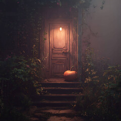 Vintage wooden door with carved pumpkin, foggy garden, soft warm light, mysterious Halloween ambiance