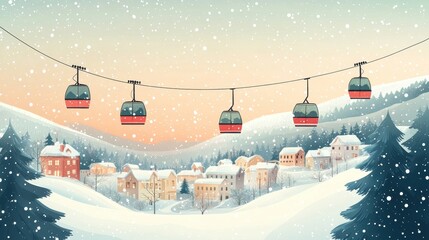 Colorful ski cabin lift for mountain skiers and snowboarders moves in the air on a cableway,ski resort with snowy hill,Skiing and snowboarding,Active vacation weekend,Winter holiday.