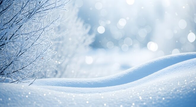 Soft focus winter scene with frosty window pane and blurry snowy landscape