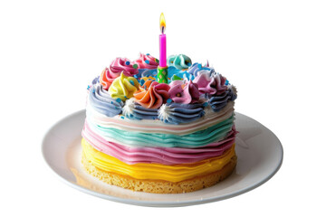 Small cake with pink candle lit on transparent background