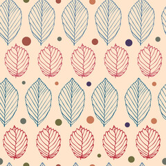 Illustration outlines of autumn leaves and dots, seamless pattern for decoration