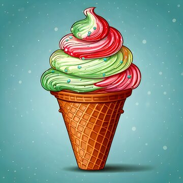A festive red and green swirled soft serve ice cream in a waffle cone, a delightful Christmas holiday dessert treat illustration