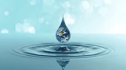 A surreal illustration depicts a single water droplet containing the Earth, highlighting the significance of water and environmental conservation.
