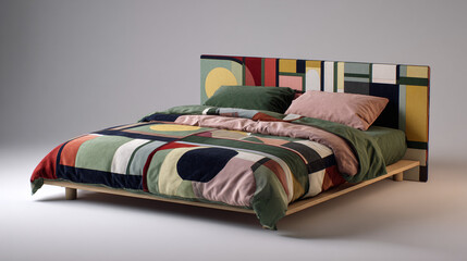 Naklejka premium A stylishly designed bed with a colorful pattern, offering a comfortable and aesthetic appeal. The bed is adorned with cushions, creating a cozy and inviting atmosphere.